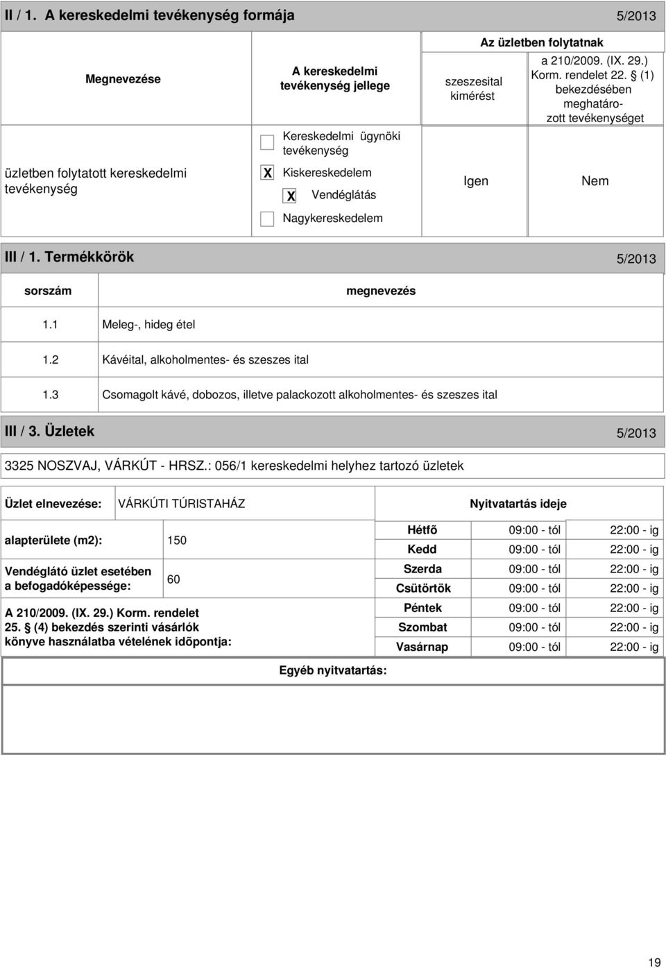 2 Kávéital, alkoholmentes- és szeszes ital 1.3 Csomagolt kávé, dobozos, illetve palackozott alkoholmentes- és szeszes ital III / 3. Üzletek 5/2013 3325 NOSZVAJ, VÁRKÚT - HRSZ.