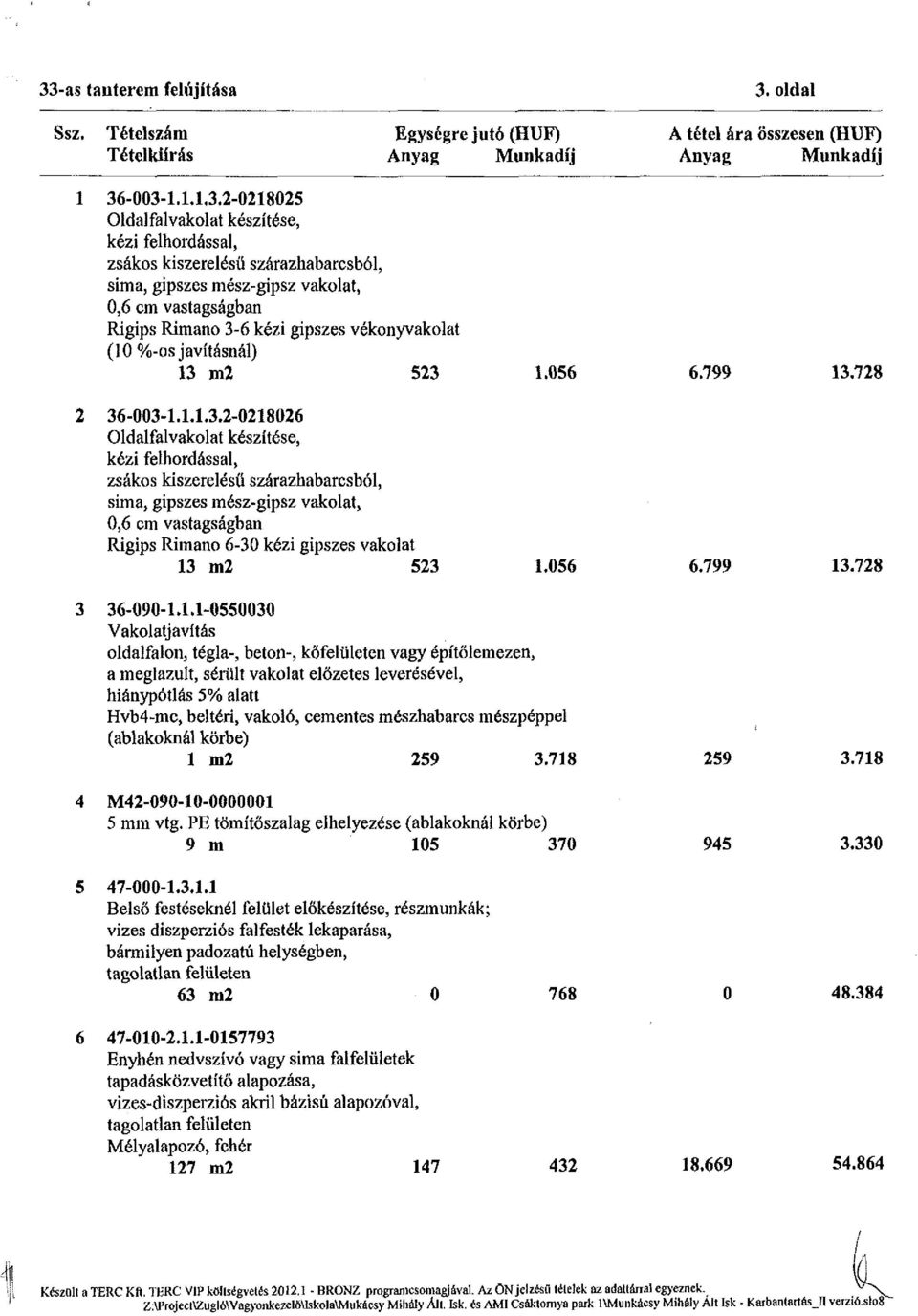 6 kézi gipszes vékonyvakolat (10 %-os javításnál) 13 