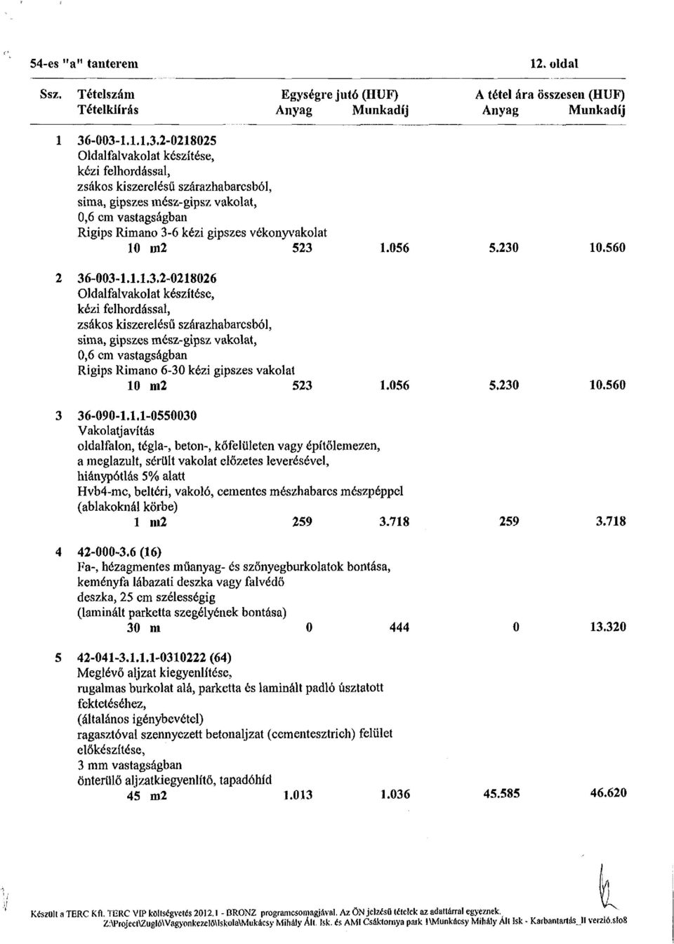 523 1.056 5.230 10.560 2 36-003-1.1.1.3.2-0218026 Oldalfalvakolat készítése, kézi felhordással, zsákos kiszerelésű szárazhabarcsból, sima, gipszes mész-gipsz vakolat, 0,6 cm vastagságban Rigips