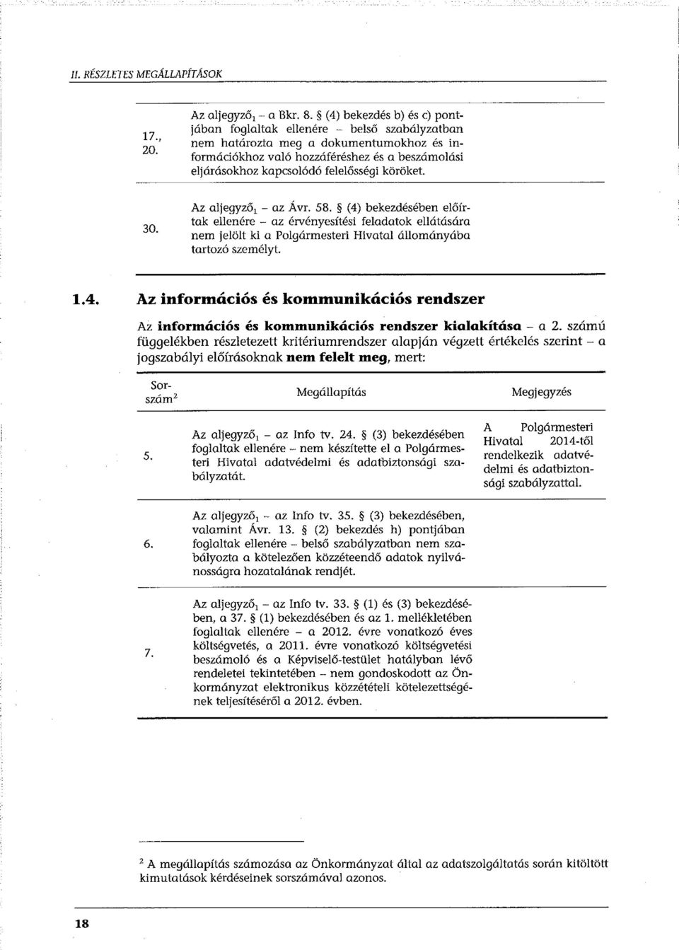 köröket. 30. Az aljegyző, - az Á vr. 58. (4) bekezdésében előírtak ellenére - az érvényesítési feladatok ellátására nem jelölt ki a Polgármesteri Hivatal állományába tartozó személy!. 1.4. Az információs és kommunikációs rendszer Az információs és kommunikációs rendszer kialakítása - a 2.