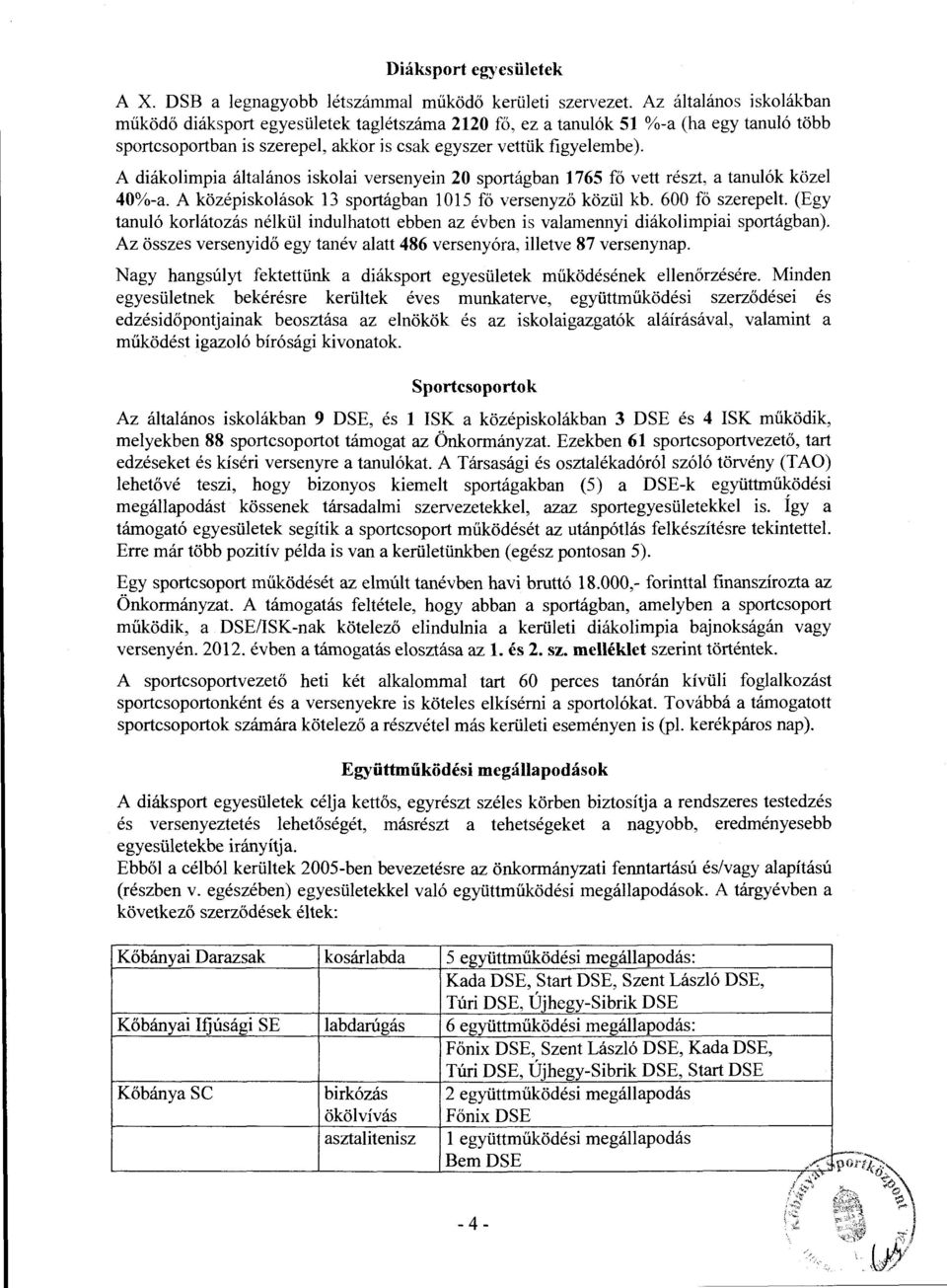 A diákolimpia általános iskolai versenyein 20 sportágban 1765 fő vett részt, a tanulók közel 40%-a. A középiskolások 13 sportágban l O 15 fő versenyző közül kb. 600 fő szerepe l t.