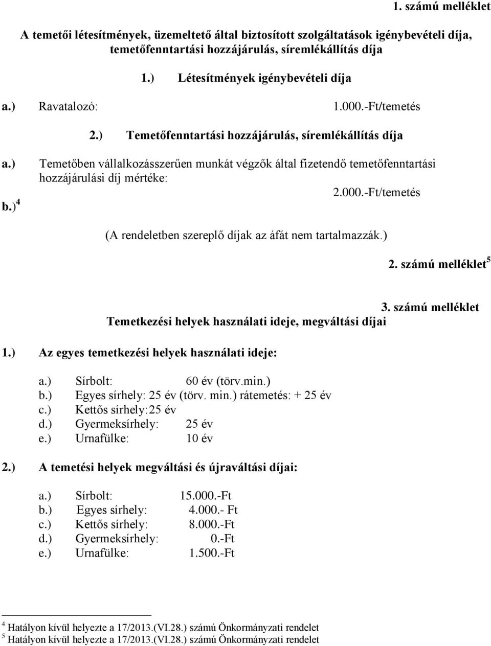 ) 4 Temetőben vállalkozásszerűen munkát végzők által fizetendő temetőfenntartási hozzájárulási díj mértéke: 2.000.-Ft/temetés (A rendeletben szereplő díjak az áfát nem tartalmazzák.) 2.