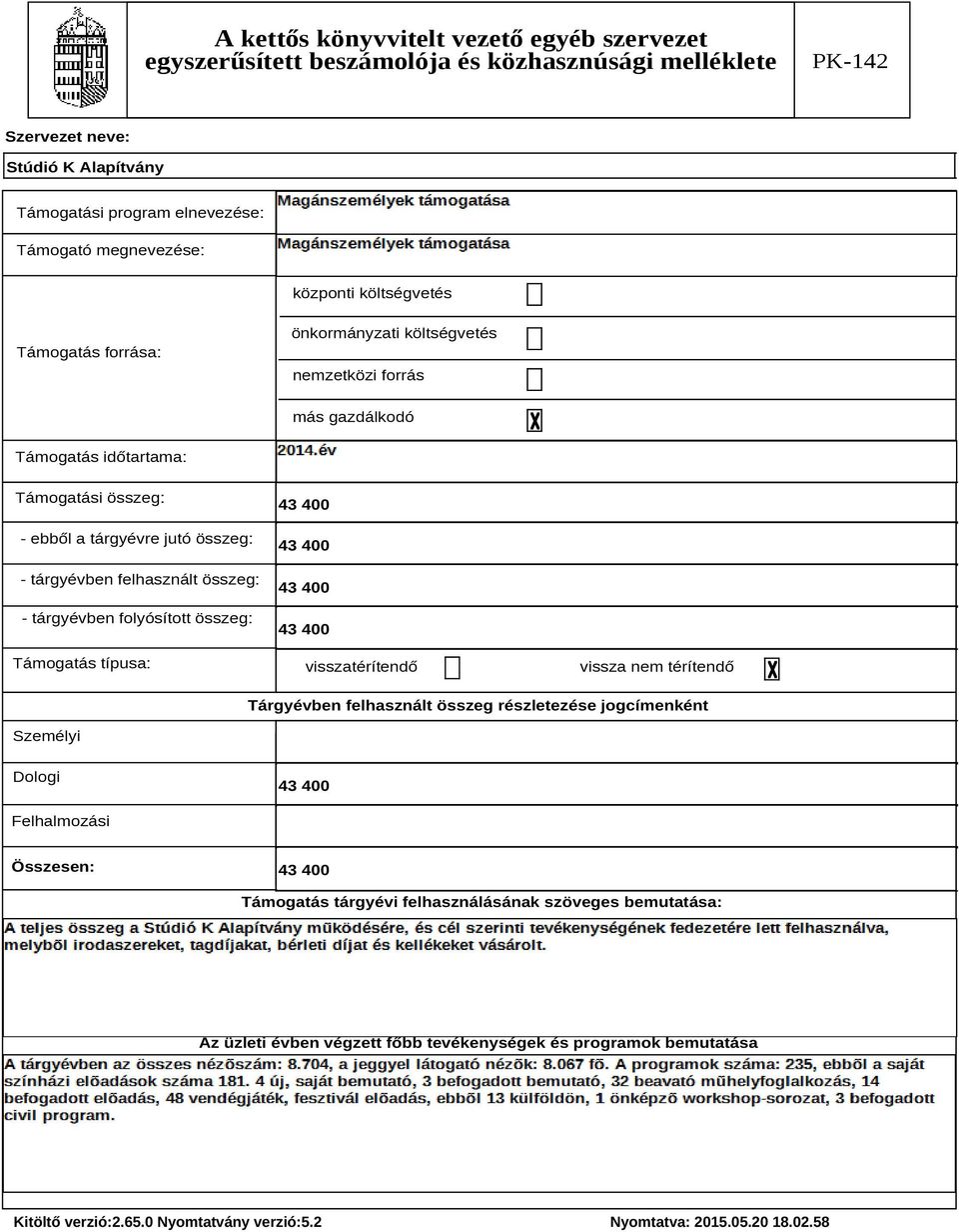 400 visszatérítendő vissza nem térítendő Tárgyévben felhasznált összeg részletezése jogcímenként Személyi Dologi 43 400 Felhalmozási Összesen: 43 400 Támogatás tárgyévi