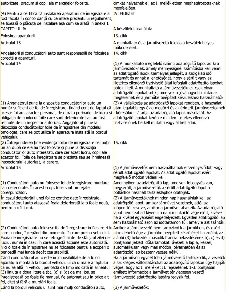 CAPITOLUL IV A készülék használata Folosirea aparaturii Articolul 13 Angajatorii și conducătorii auto sunt responsabili de folosirea corectă a aparaturii. Articolul 14 13.