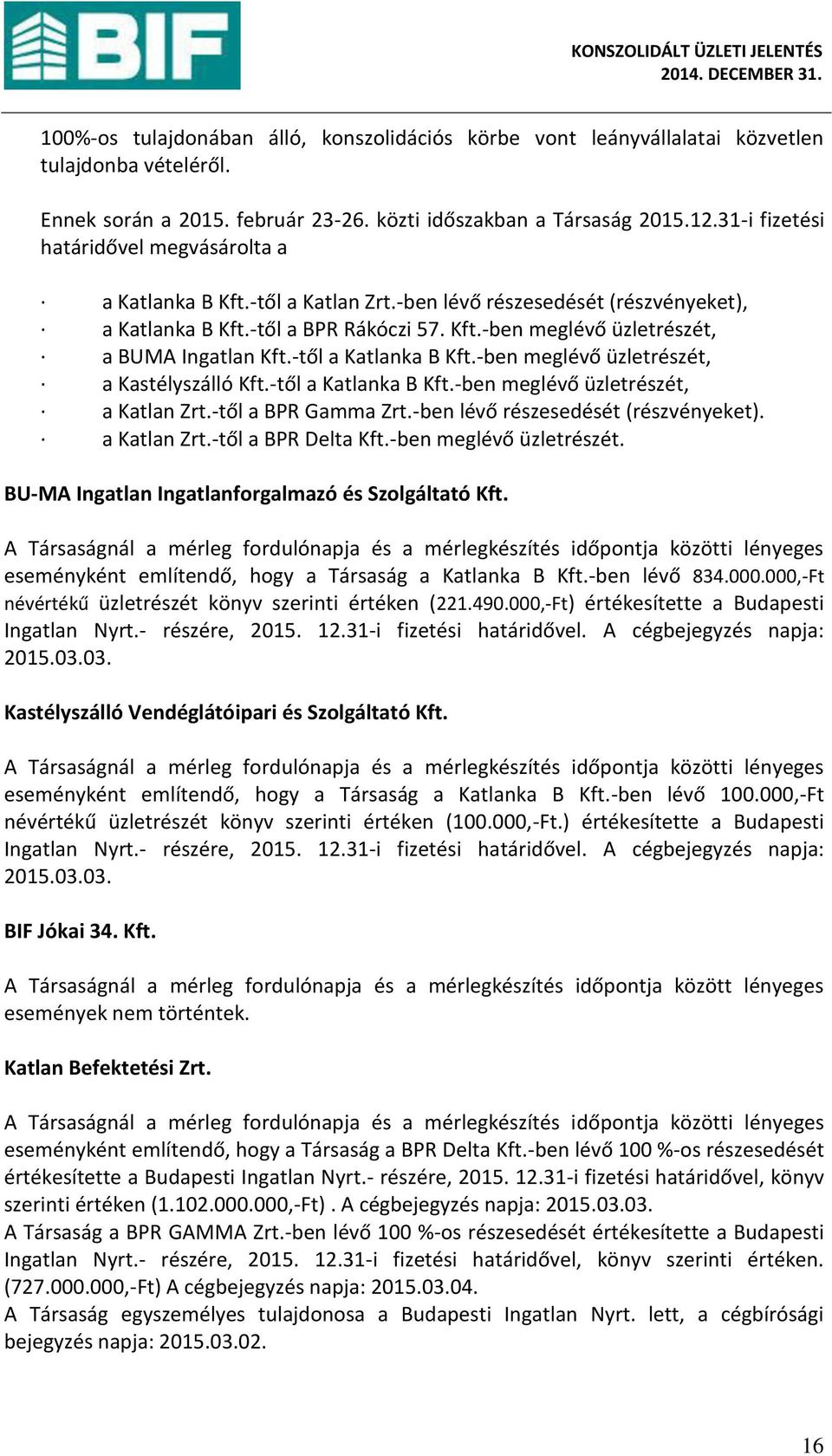 -től a Katla ka B Kft.- e eglévő üzletrészét, a Kastél szálló Kft.-től a Katla ka B Kft.- e eglévő üzletrészét, a Katlan Zrt.-től a BPR Ga a )rt.- e lévő részesedését részvé eket. a Katlan Zrt.-től a BPR Delta Kft.