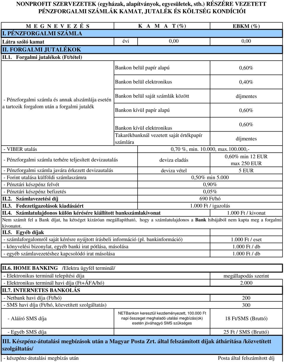 Forgalmi jutalékok (Ft/tétel) Bankon belül papír alapú - Pénzforgalmi számla és annak alszámlája esetén Bankon belül elektronikus Bankon belül saját számlák között Bankon kívül papír alapú 0,40%
