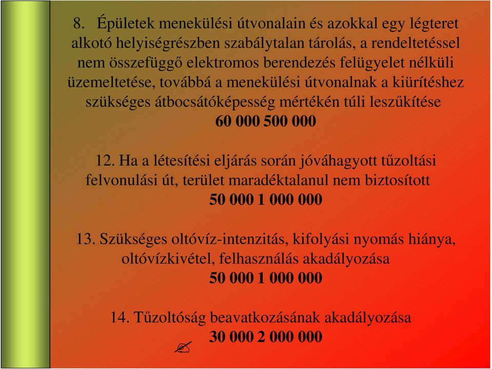 500 000 12. Ha a létesítési eljárás során jóváhagyott tőzoltási felvonulási út, terület maradéktalanul nem biztosított 50 000 1 000 000 13.