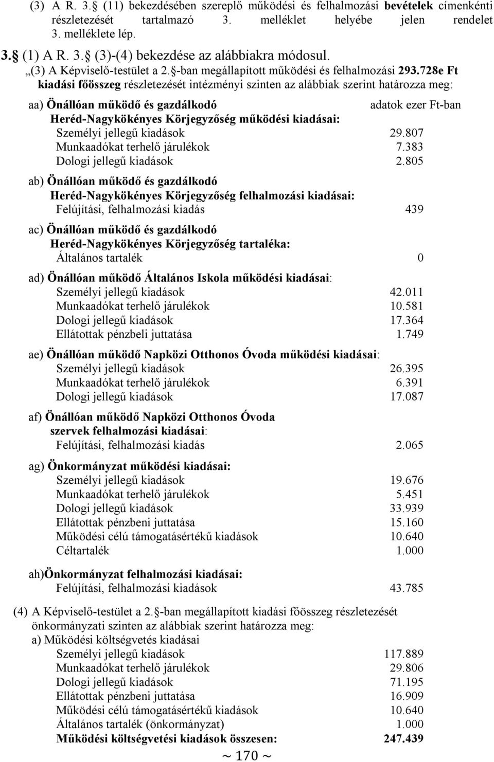 728e Ft kiadási főösszeg részletezését intézményi szinten az alábbiak szerint határozza meg: aa) Önállóan működő és gazdálkodó adatok ezer Ft-ban Heréd-Nagykökényes Körjegyzőség működési kiadásai: