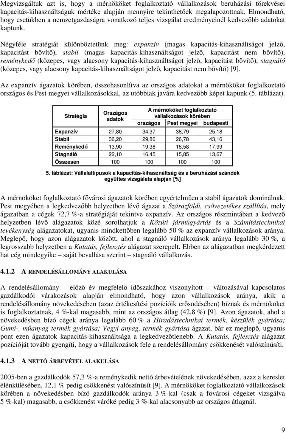 Négyféle stratégiát különböztetünk meg: expanzív (magas kapacitás-kihasználtságot jelz, kapacitást bvít), stabil (magas kapacitás-kihasználtságot jelz, kapacitást nem bvít), reményked (közepes, vagy