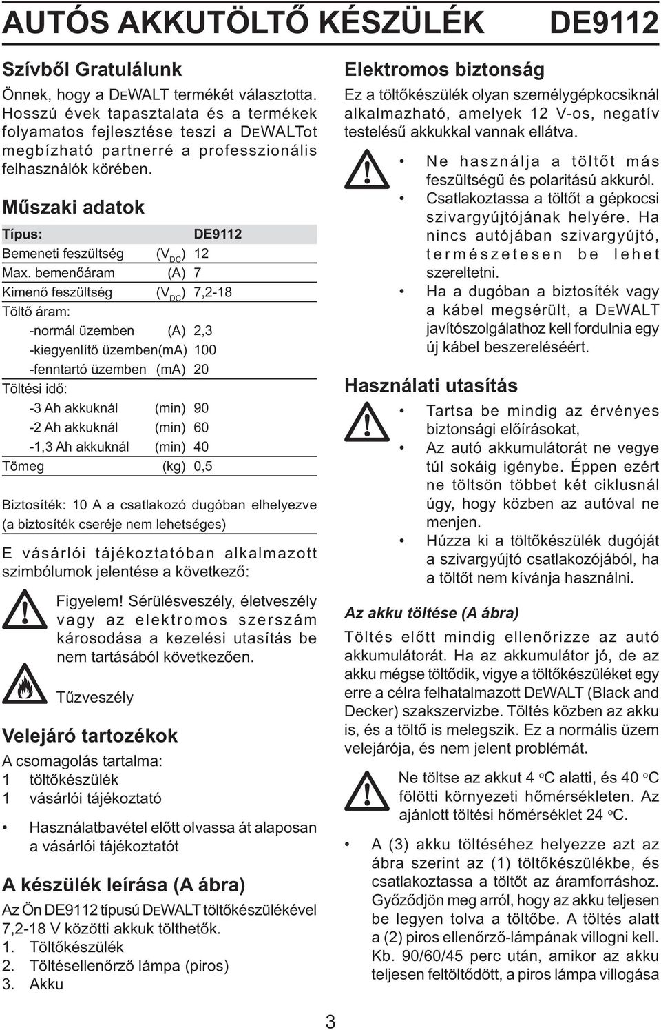 Műszaki adatok Típus: DE9112 Bemeneti feszültség (V DC ) 12 Max.