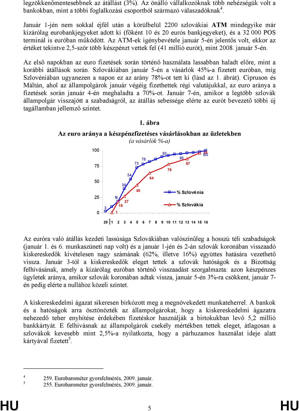 működött. Az ATM-ek igénybevétele január 5-én jelentős volt, ekkor az értéket tekintve 2,5-ször több készpénzt vettek fel (41 millió eurót), mint 2008. január 5-én. Az első napokban az euro fizetések során történő használata lassabban haladt előre, mint a korábbi átállások során.