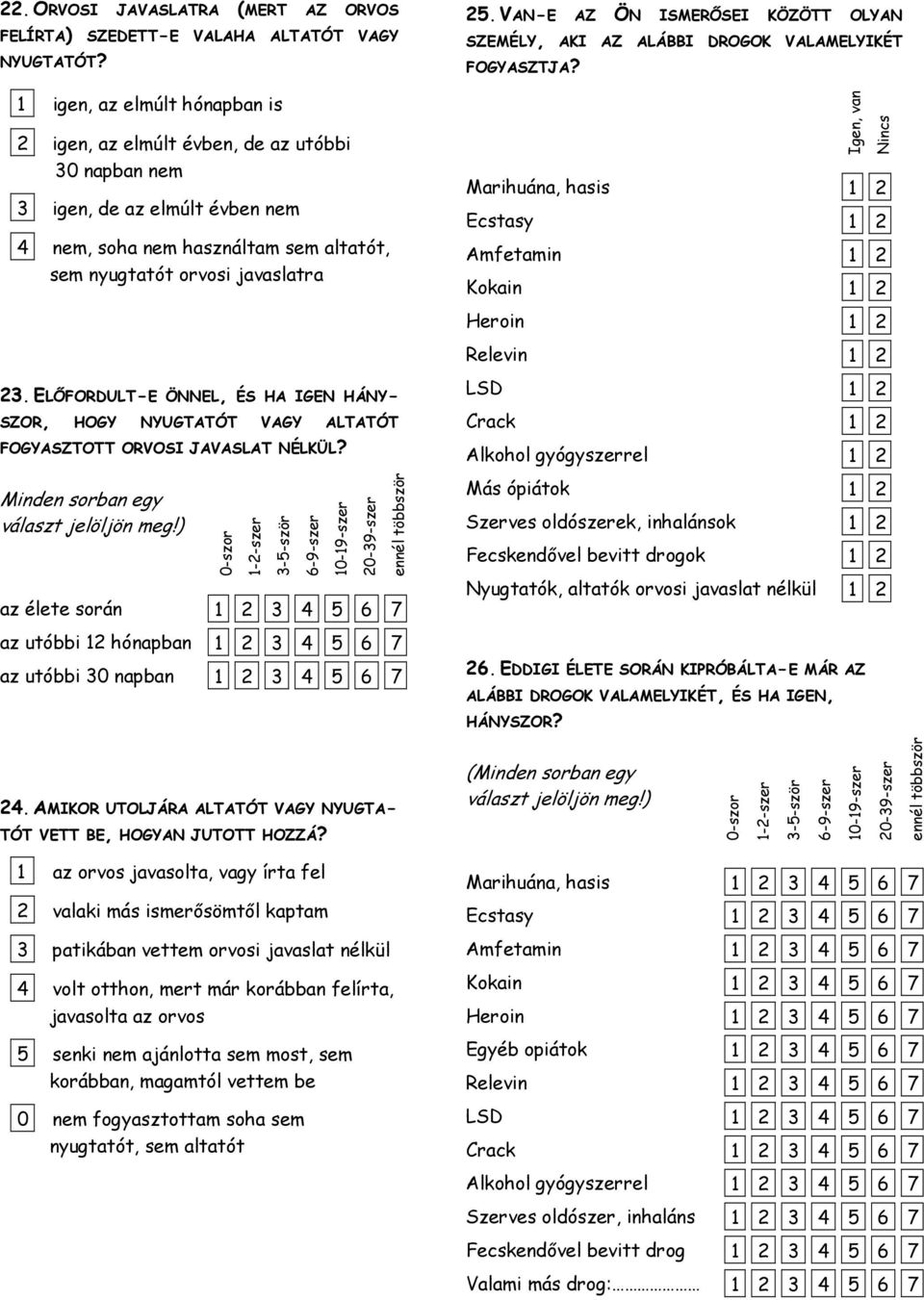 VAN-E AZ ÖN ISMERŐSEI KÖZÖTT OLYAN SZEMÉLY, AKI AZ ALÁBBI DROGOK VALAMELYIKÉT FOGYASZTJA? Marihuána, hasis 1 2 Ecstasy 1 2 Amfetamin 1 2 Kokain 1 2 Igen, van Nincs Heroin 1 2 Relevin 1 2 23.