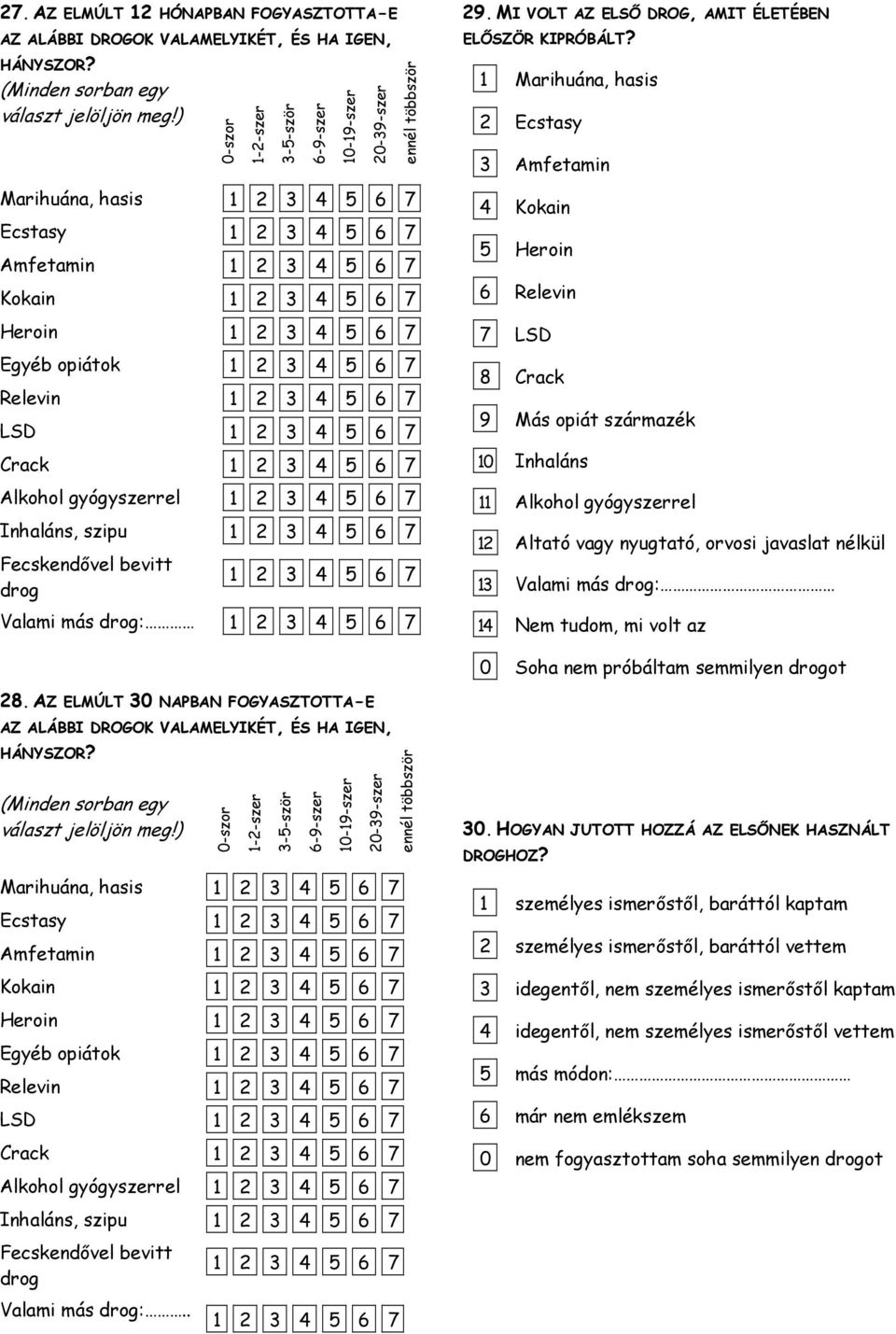 bevitt drog 0-szor 1-2-szer 3-5-ször 6-9-szer 10-19-szer 20-39-szer 5 6 7 Valami más drog: 5 6 7 ennél többször 29. MI VOLT AZ ELSŐ DROG, AMIT ÉLETÉBEN ELŐSZÖR KIPRÓBÁLT?