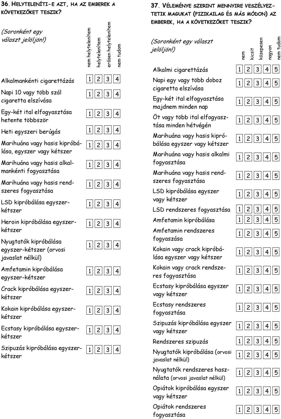 Marihuána vagy hasis alkalmankénti fogyasztása Marihuána vagy hasis rendszeres fogyasztása LSD kipróbálása egyszerkétszer Heroin kipróbálása egyszerkétszer Nyugtatók kipróbálása egyszer-kétszer