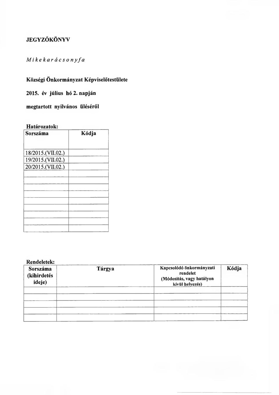 napján megtartott nyilvános üléséről Határozatok: Sorszáma Kódja 18/2015. (VII.02.