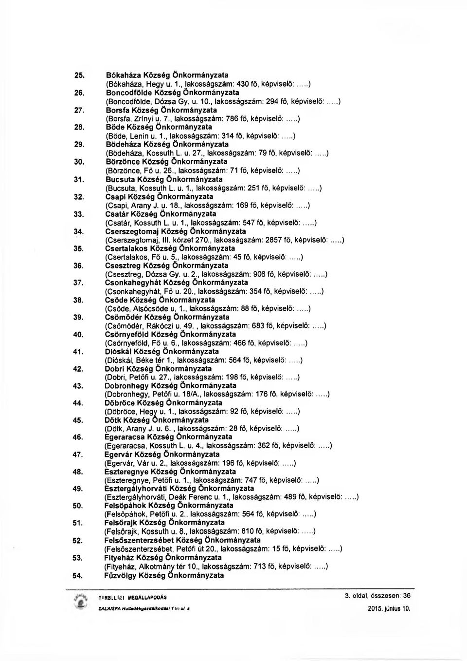 Bödeháza Község Önkormányzata (Bödeháza, Kossuth L. u. 27., lakosságszám: 79 fő, képviselő:...) 30. Börzönce Község Önkormányzata (Börzönce, Fő u. 26., lakosságszám: 71 fő, képviselő:... ) 31.