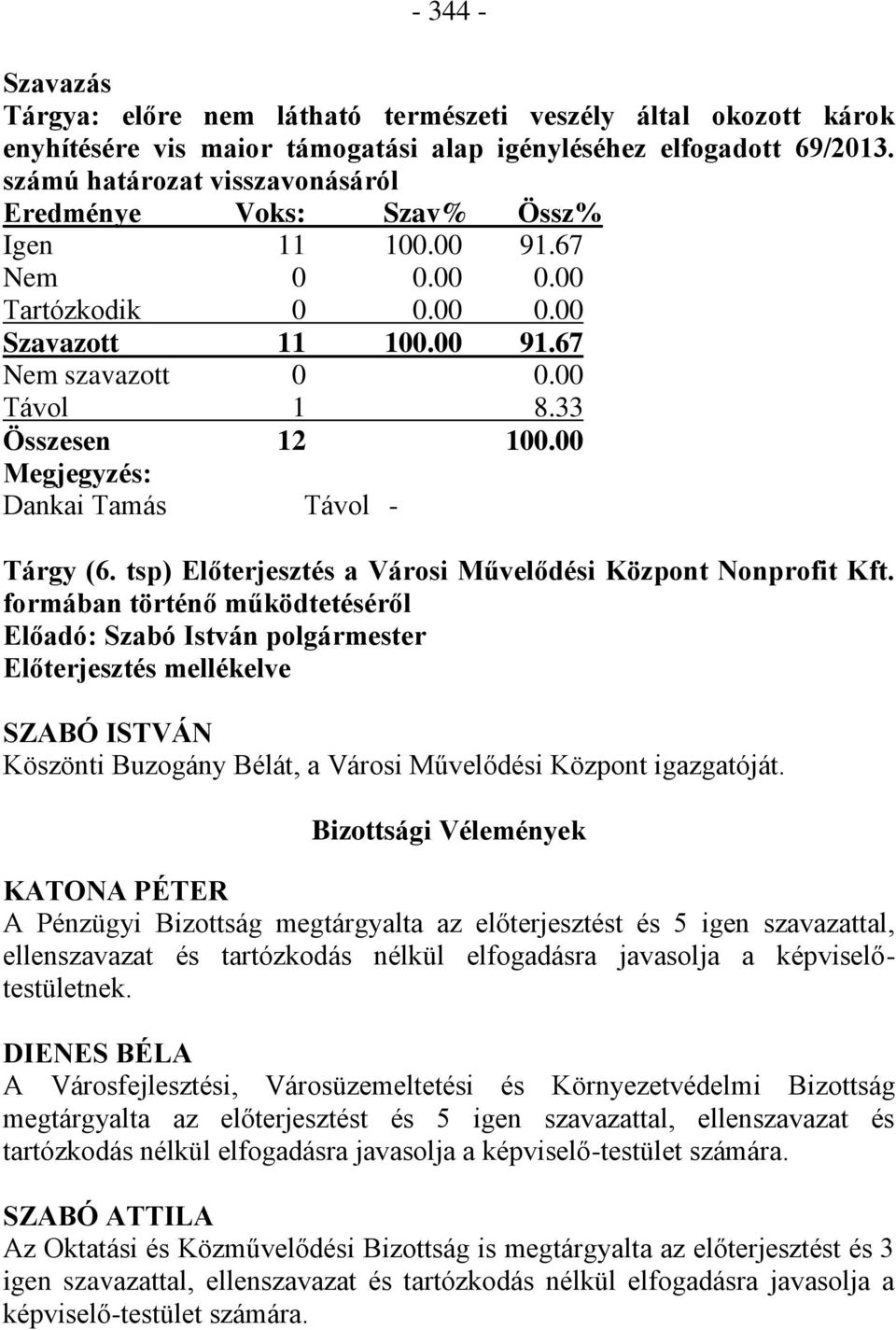 00 Megjegyzés: Dankai Tamás Távol - Tárgy (6. tsp) Előterjesztés a Városi Művelődési Központ Nonprofit Kft.