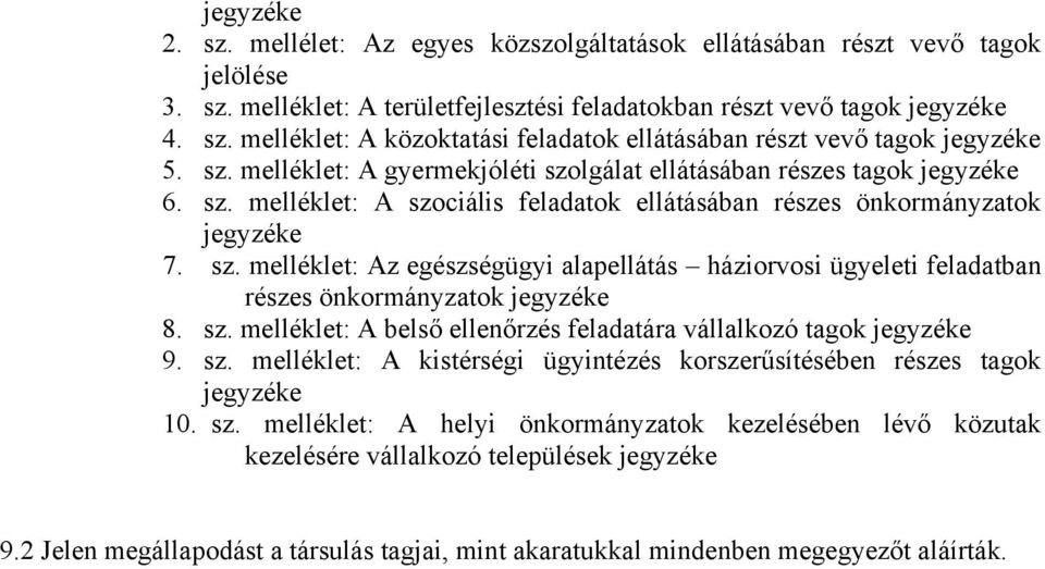 sz. melléklet: A belső ellenőrzés feladatára vállalkozó tagok jegyzéke 9. sz. melléklet: A kistérségi ügyintézés korszerűsítésében részes tagok jegyzéke 10. sz. melléklet: A helyi önkormányzatok kezelésében lévő közutak kezelésére vállalkozó települések jegyzéke 9.