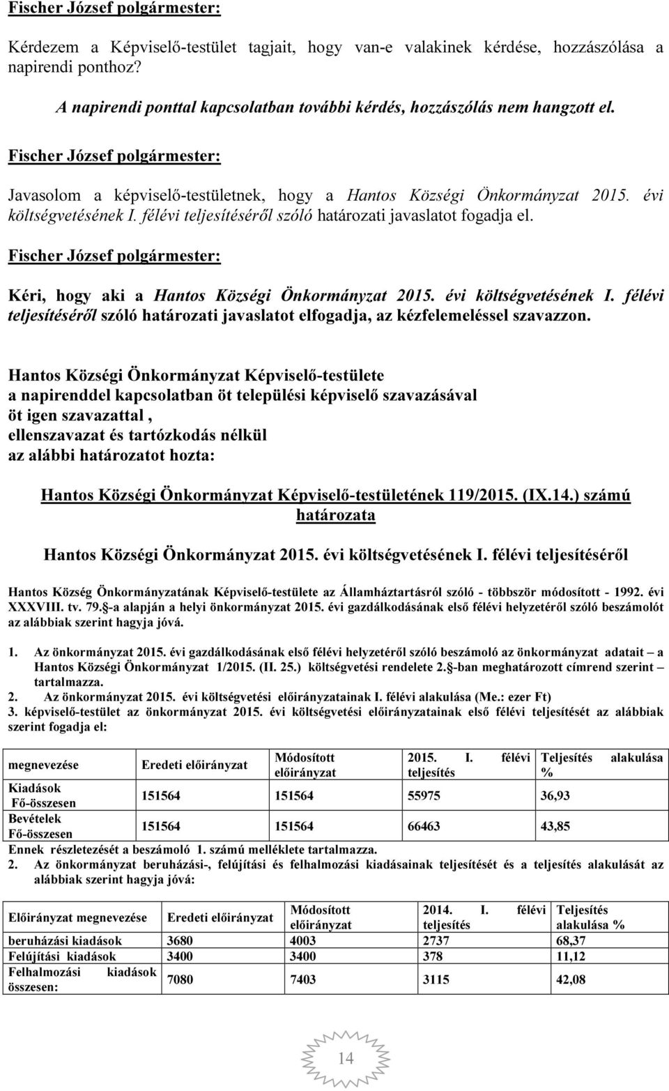 Kéri, hogy aki a Hantos Községi Önkormányzat 2015. évi költségvetésének I. félévi teljesítéséről szóló határozati javaslatot elfogadja, az kézfelemeléssel szavazzon.