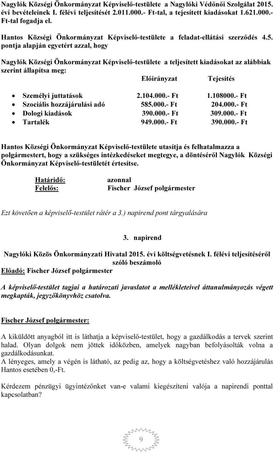 pontja alapján egyetért azzal, hogy Nagylók Községi Önkormányzat Képviselő-testülete a teljesített kiadásokat az alábbiak szerint állapítsa meg: Előirányzat Tejesítés Személyi juttatások 2.104.000.