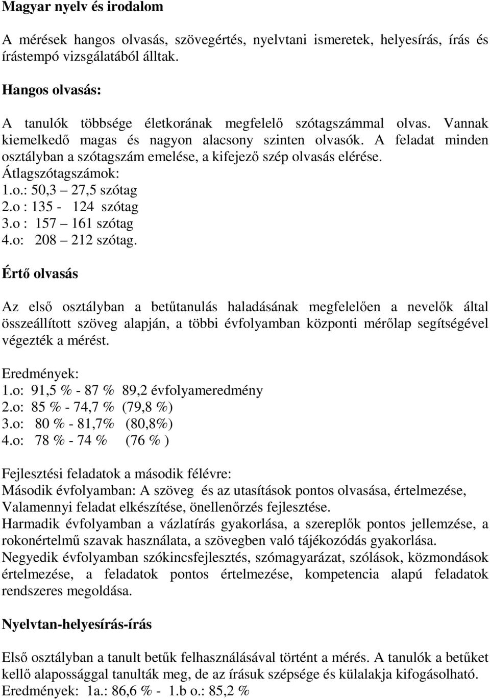 A feladat minden osztályban a szótagszám emelése, a kifejező szép olvasás elérése. Átlagszótagszámok: 1.o.: 50,3 27,5 szótag 2.o : 135-124 szótag 3.o : 157 161 szótag 4.o: 208 212 szótag.