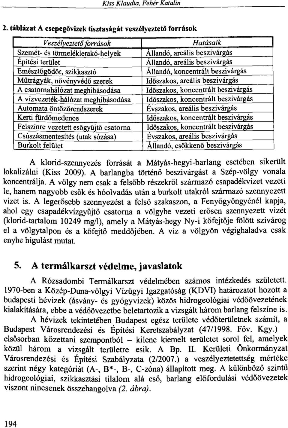 Emésztőgödör, szikkasztó Állandó, koncentrált beszivárgás Műtrágyák, növényvédő szerek Időszakos, areális beszivárgás A csatornahálózat meghibásodása Időszakos, koncentrált beszivárgás A
