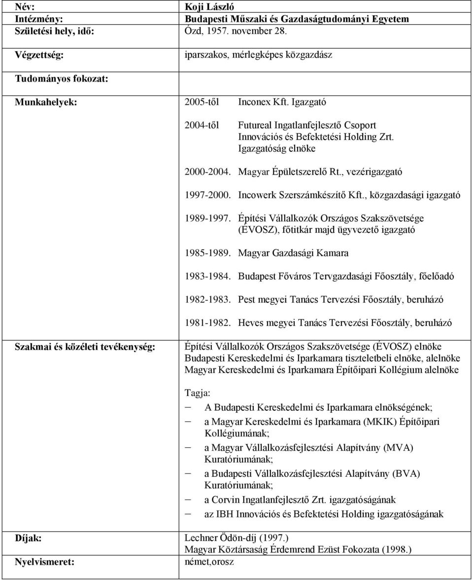 Incowerk Szerszámkészítő Kft., közgazdasági igazgató 1989-1997. Építési Vállalkozók Országos Szakszövetsége (ÉVOSZ), főtitkár majd ügyvezető igazgató 1985-1989. Magyar Gazdasági Kamara 1983-1984.