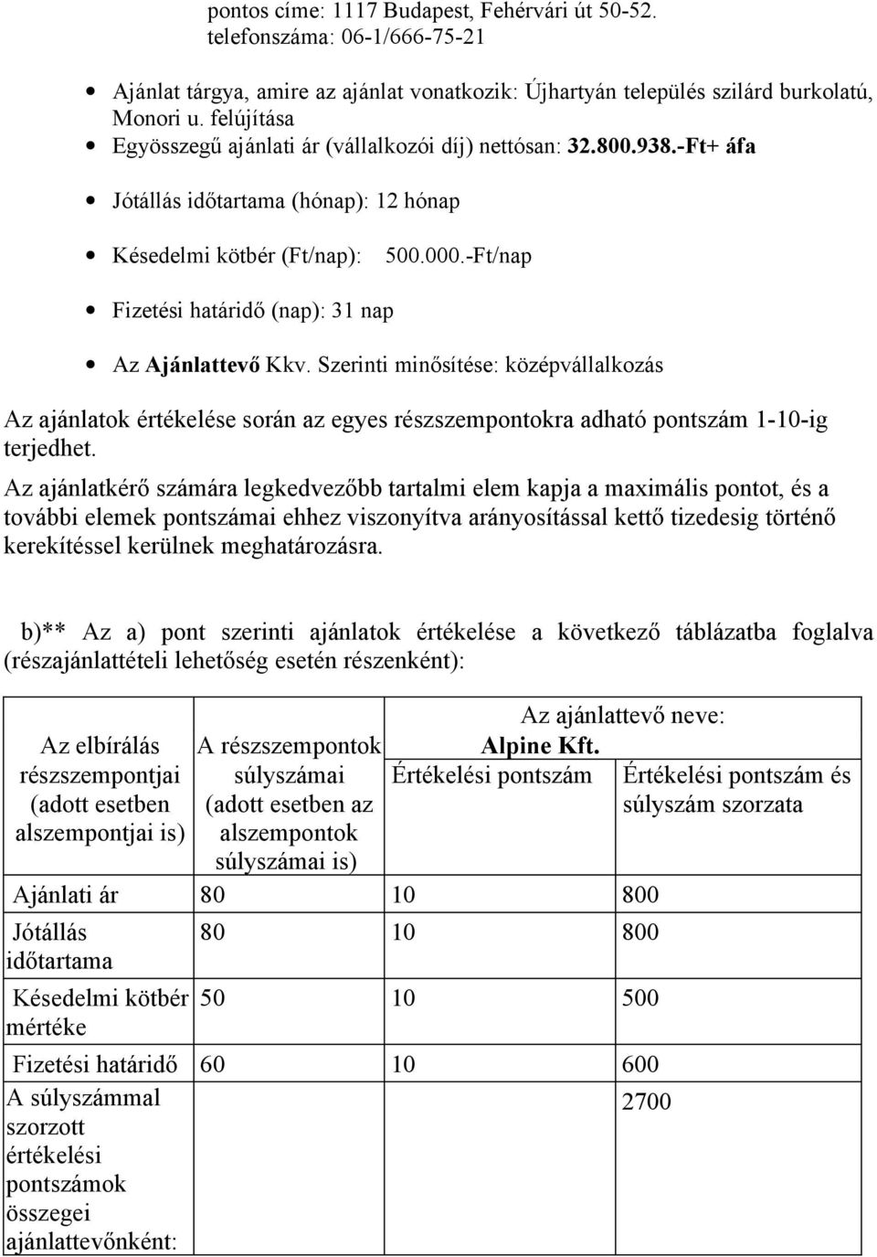 -Ft/nap Fizetési határidő (nap): 31 nap Az Ajánlattevő Kkv. Szerinti minősítése: középvállalkozás Az ajánlatok értékelése során az egyes részszempontokra adható pontszám 1-10-ig terjedhet.