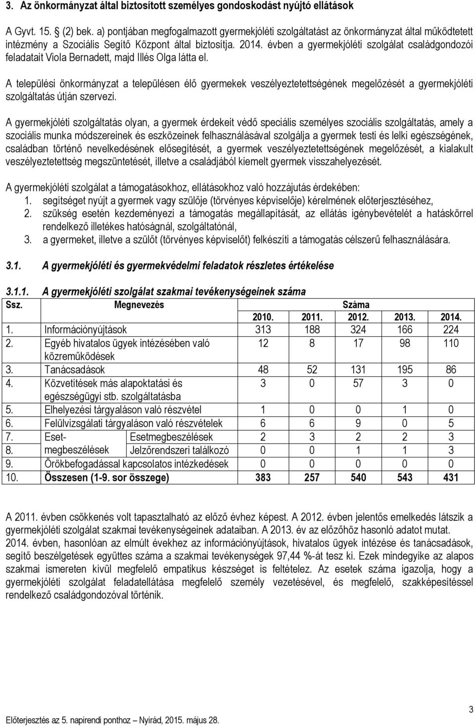 évben a gyermekjóléti szolgálat családgondozói feladatait Viola Bernadett, majd Illés Olga látta el.