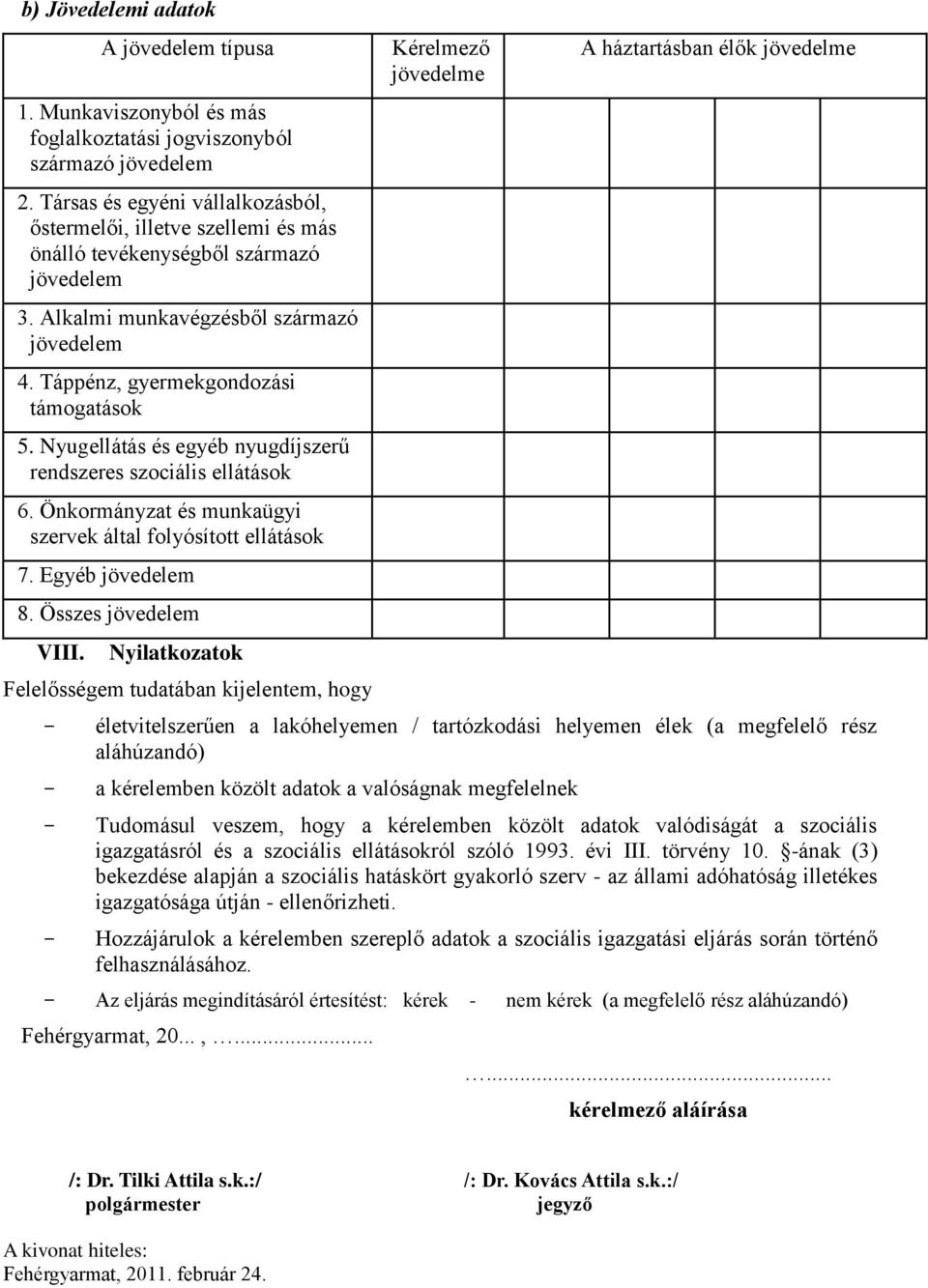 Nyugellátás és egyéb nyugdíjszerű rendszeres szociális ellátások 6. Önkormányzat és munkaügyi szervek által folyósított ellátások 7. Egyéb jövedelem 8. Összes jövedelem VIII.