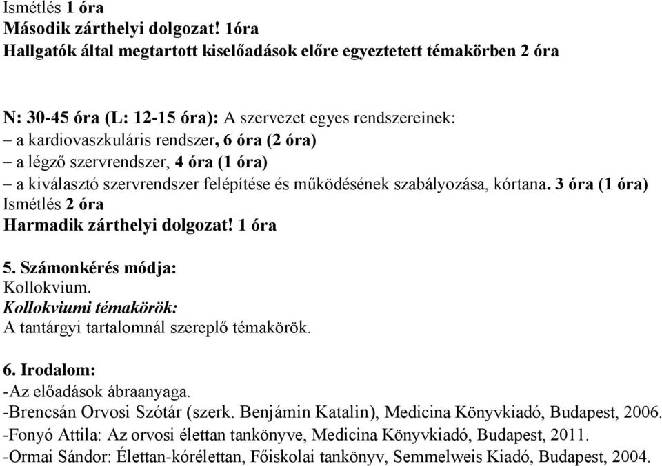 szervrendszer, 4 óra (1 óra) a kiválasztó szervrendszer felépítése és működésének szabályozása, kórtana. 3 óra (1 óra) Ismétlés 2 óra Harmadik zárthelyi dolgozat! 1 óra 5.