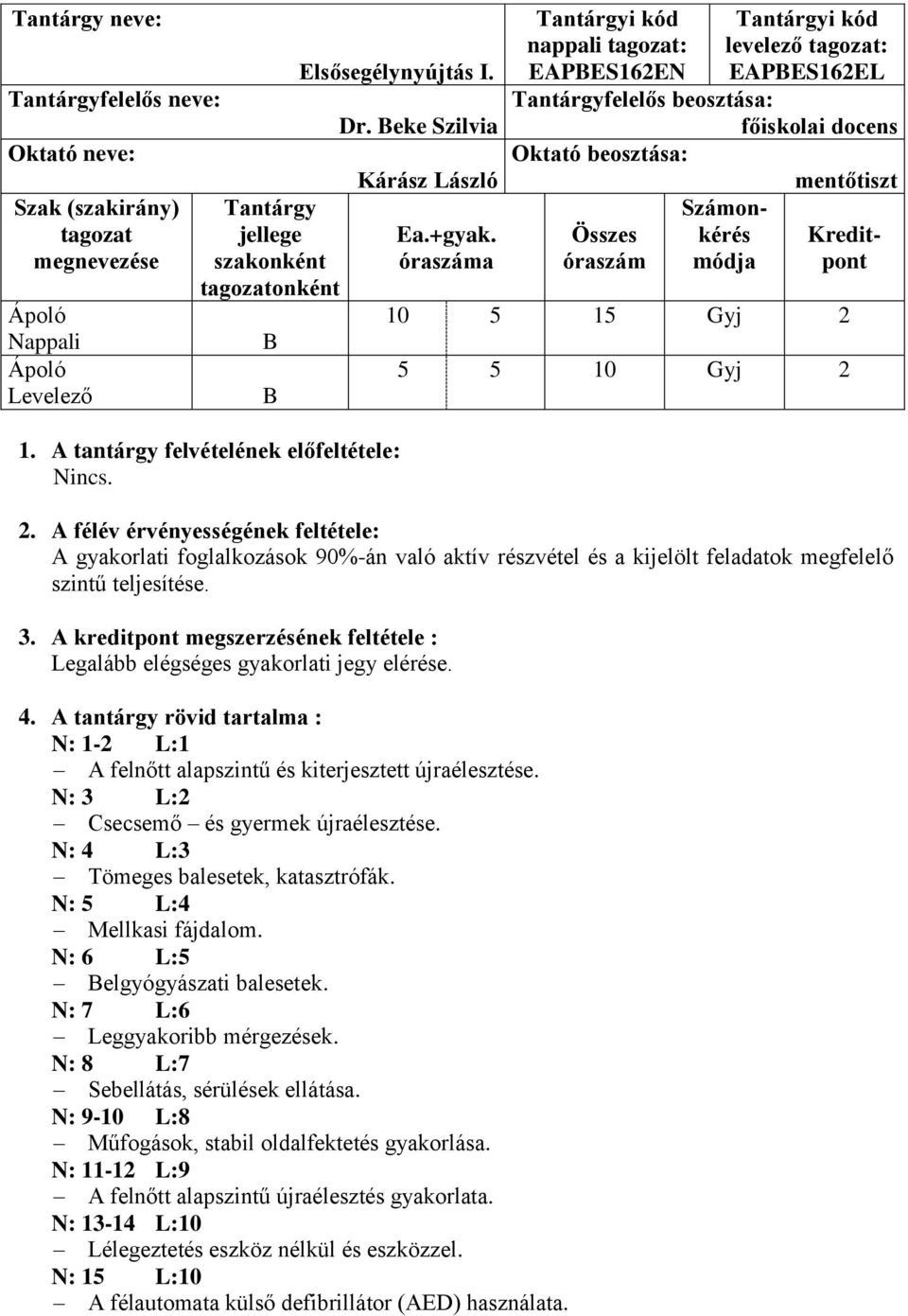 óraszáma nappali tagozat: EAPBES162EN levelező tagozat: EAPBES162EL főiskolai docens Oktató beosztása: mentőtiszt Számon- Összes kérés Kreditóraszám módja pont 10 5 15 Gyj 2 5 5 10 Gyj 2 2.