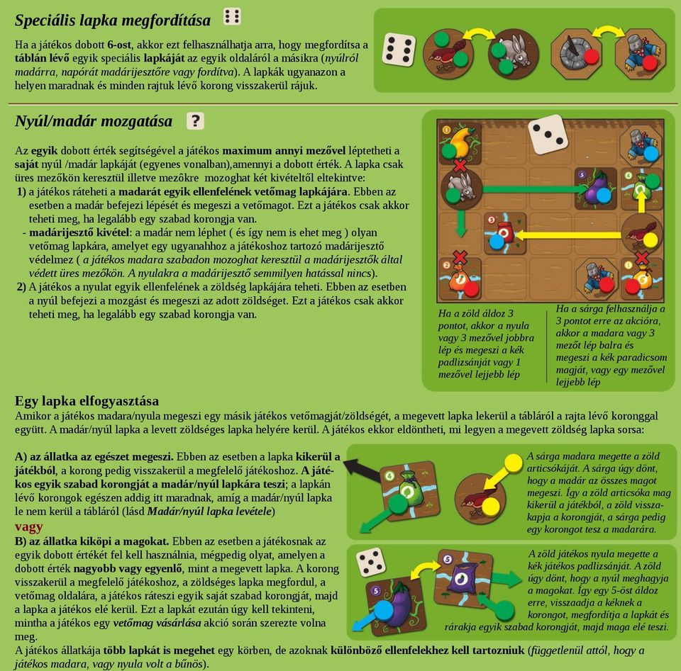 Nyúl/madár mozgatása Az egyik dobott érték segítségével a játékos maximum annyi mezővel léptetheti a saját nyúl /madár lapkáját (egyenes vonalban),amennyi a dobott érték.