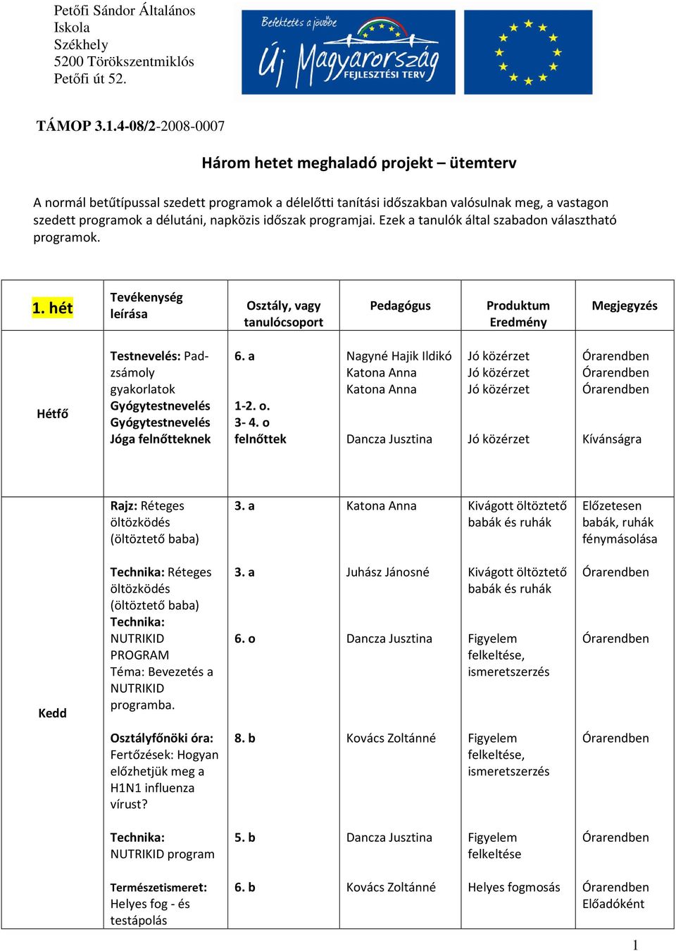 időszak programjai. Ezek a tanulók által szabadon választható programok. 1.