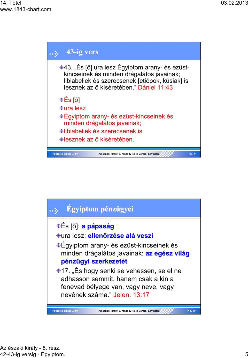 9 Égyiptom pénzügyei És [ ]: a pápaság ura lesz: ellen rzése alá veszi Égyiptom arany- és ezüst-kincseinek és minden drágalátos javainak: az egész világ pénzügyi