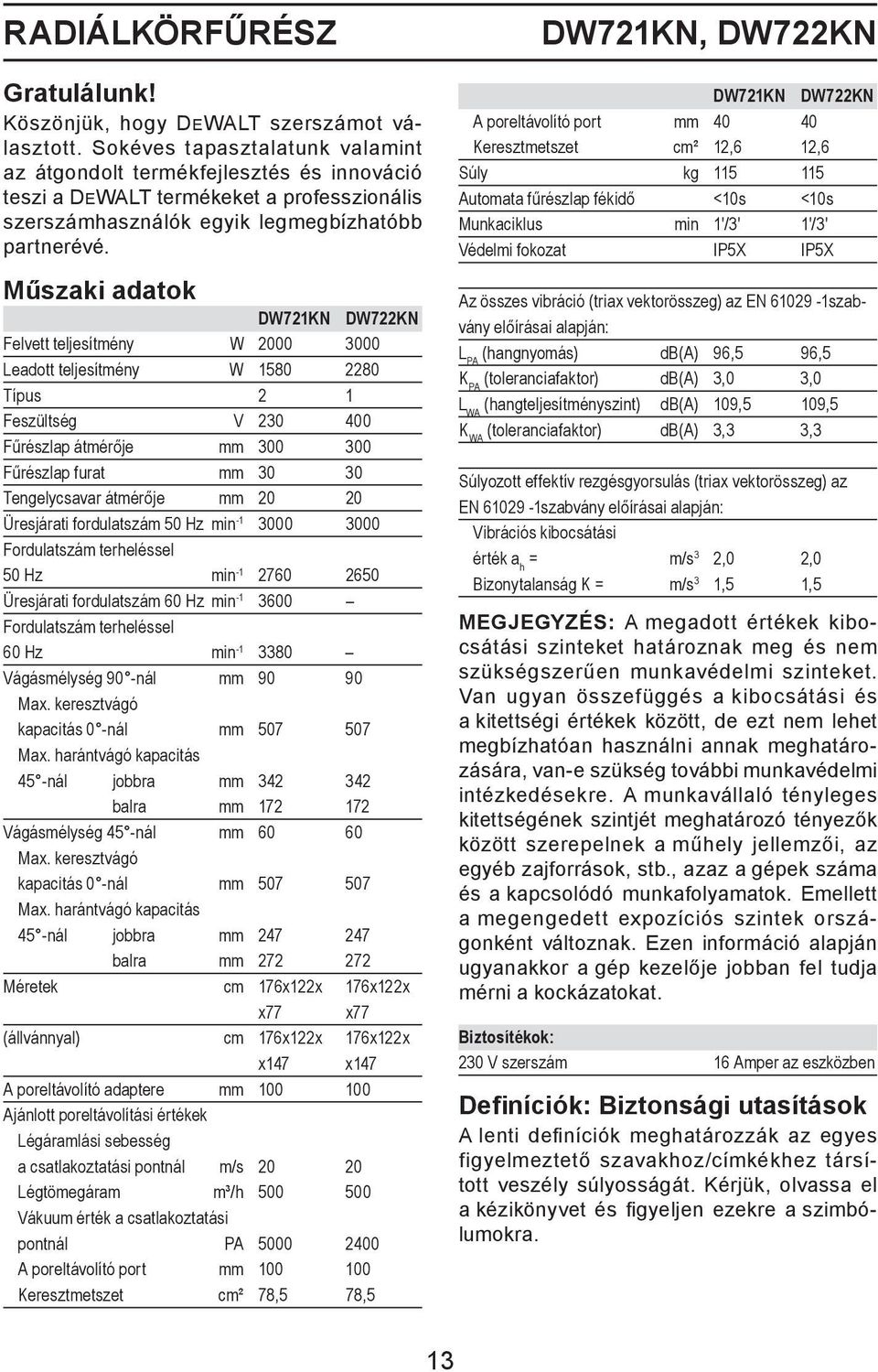 Műszaki adatok DW721KN DW722KN Felvett teljesítmény W 2000 3000 Leadott teljesítmény W 1580 2280 Típus 2 1 Feszültség V 230 400 Fűrészlap átmérője mm 300 300 Fűrészlap furat mm 30 30 Tengelycsavar