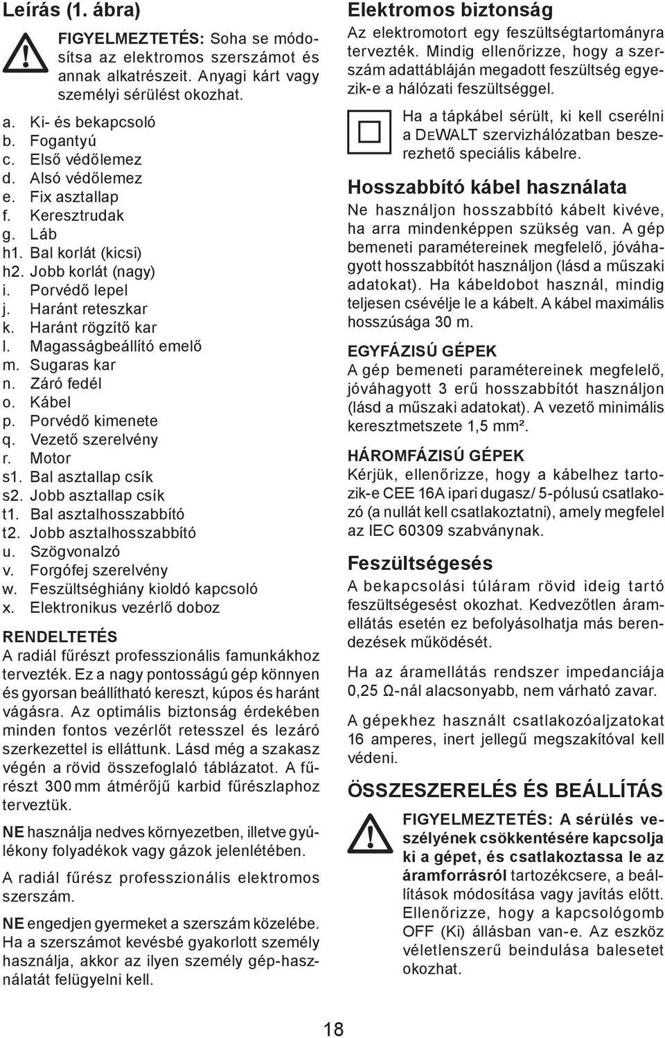 Sugaras kar n. Záró fedél o. Kábel p. Porvédő kimenete q. Vezető szerelvény r. Motor s1. Bal asztallap csík s2. Jobb asztallap csík t1. Bal asztalhosszabbító t2. Jobb asztalhosszabbító u.