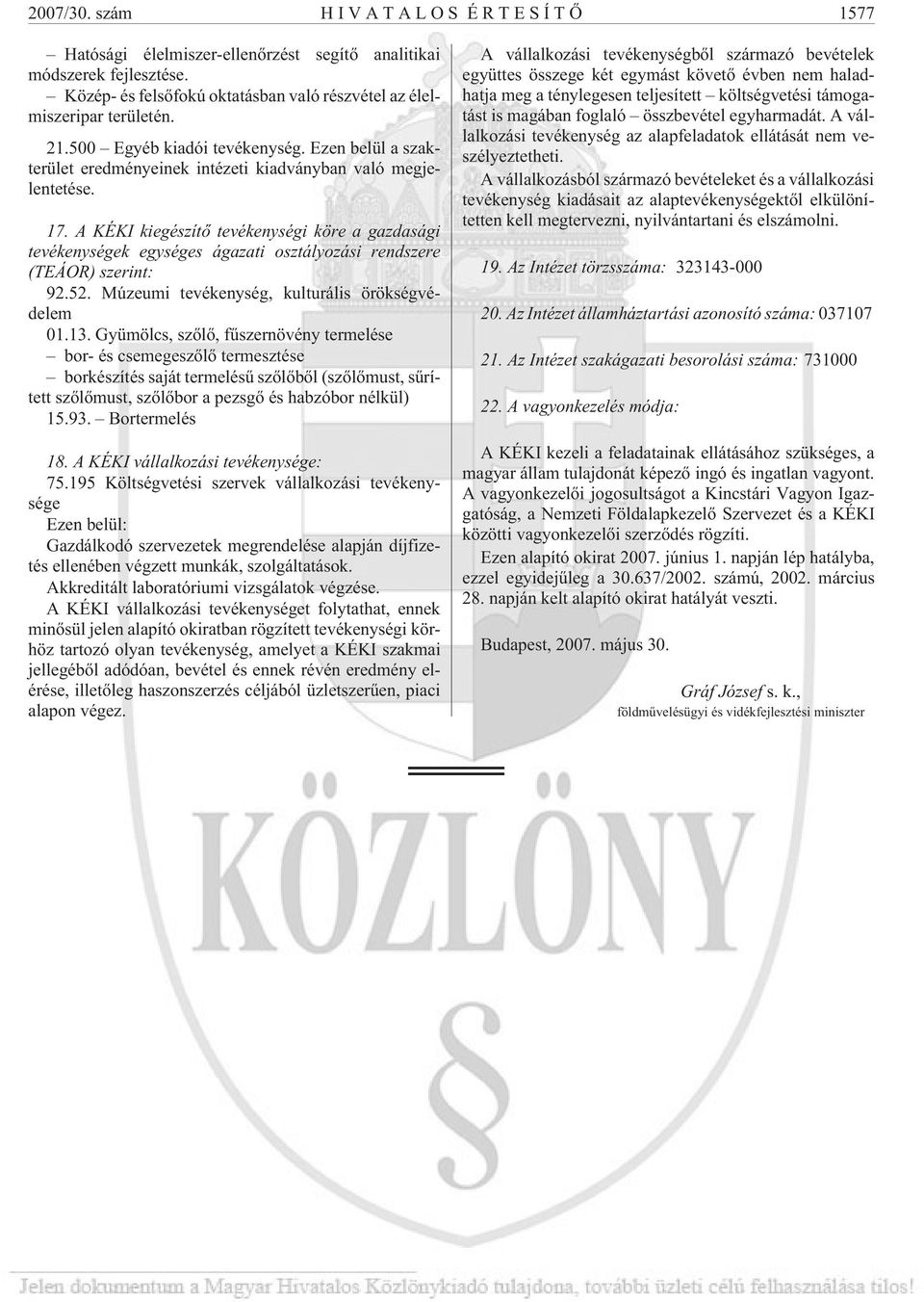 A KÉKI kiegészítõ tevékenységi köre a gazdasági tevékenységek egységes ágazati osztályozási rendszere (TEÁOR) szerint: 92.52. Múzeumi tevékenység, kulturális örökségvédelem 01.13.