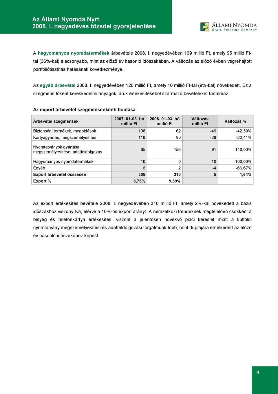 Ez a szegmens főként kereskedelmi anyagok, áruk értékesítéséből származó bevételeket tartalmaz. Az export árbevétel szegmensenkénti bontása Árbevétel szegmensek 2007. 01-03.