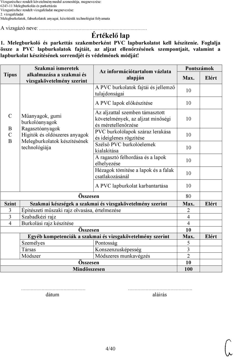 Típus C C Szakmai ismeretek alkalmazása a szakmai és vizsgakövetelmény szerint Műanyagok, gumi burkolóanyagok Ragasztóanyagok Hígítók és oldószeres anyagok Melegburkolatok készítésének technológiája