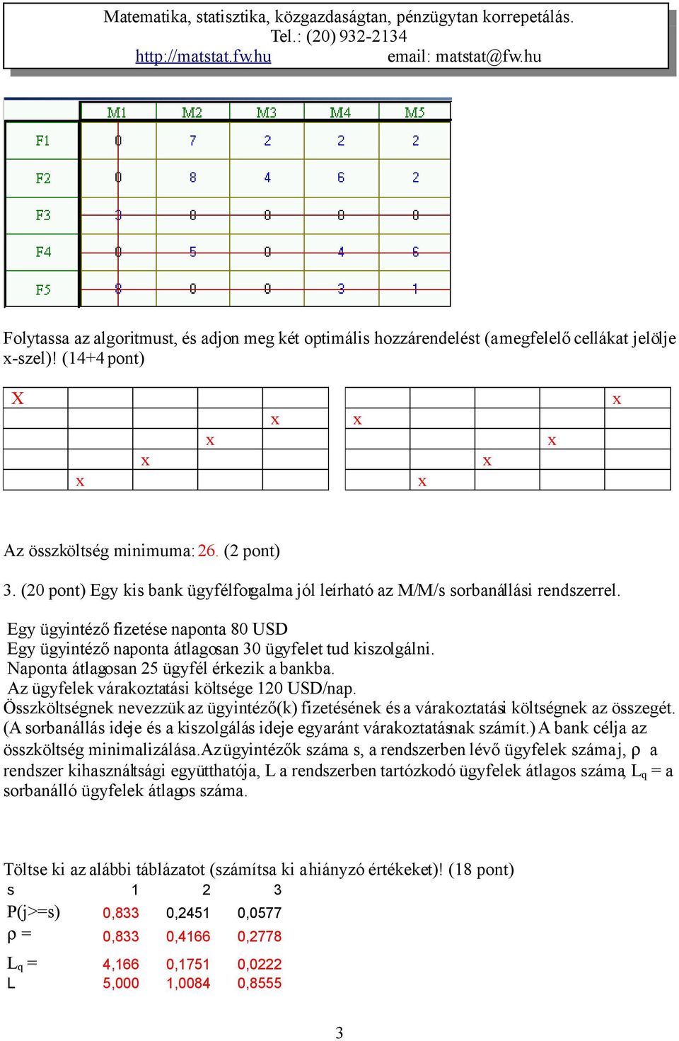 Naponta átlagosan 5 ügyfél érkezik a bankba. Az ügyfelek várakoztatási költsége 0 USD/nap. Összköltségnek nevezzük az ügyintéző(k) fizetésének és a várakoztatási költségnek az összegét.