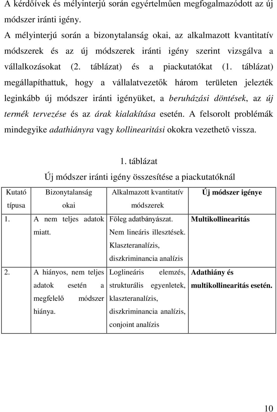 táblázat) PHJiOODStWKDWWXN KRJ\ D YiOODODWYH]HW N KiURP WHU OHWHQ MHOH]WpN leginkább új módszer iránti igényüket, a beruházási döntések, az új termék tervezése és az árak kialakítása esetén.