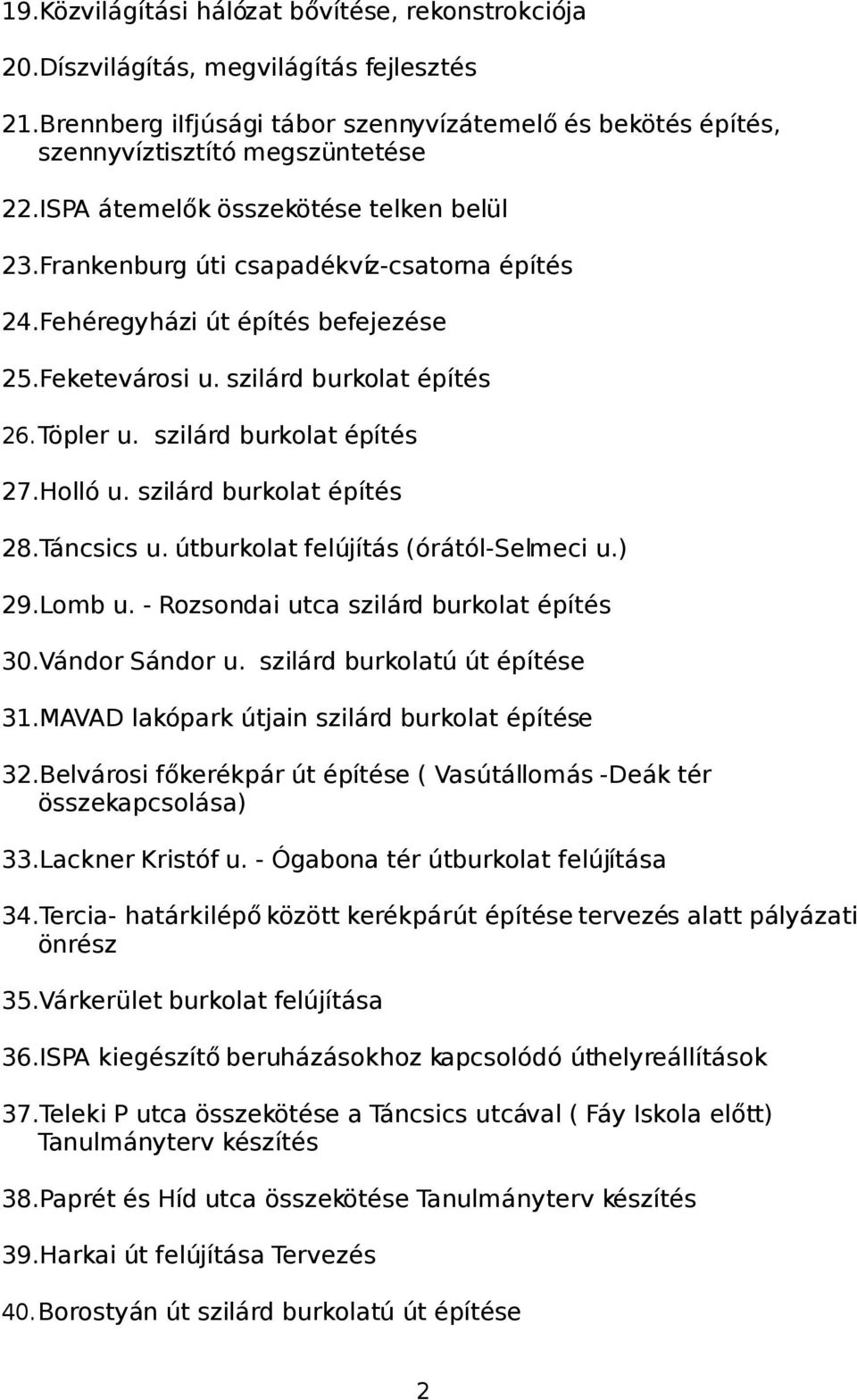 szilárd burkolat építés 27.Holló u. szilárd burkolat építés 28.Táncsics u. útburkolat felújítás (órától-selmeci u.) 29.Lomb u. - Rozsondai utca szilárd burkolat építés 30.Vándor Sándor u.