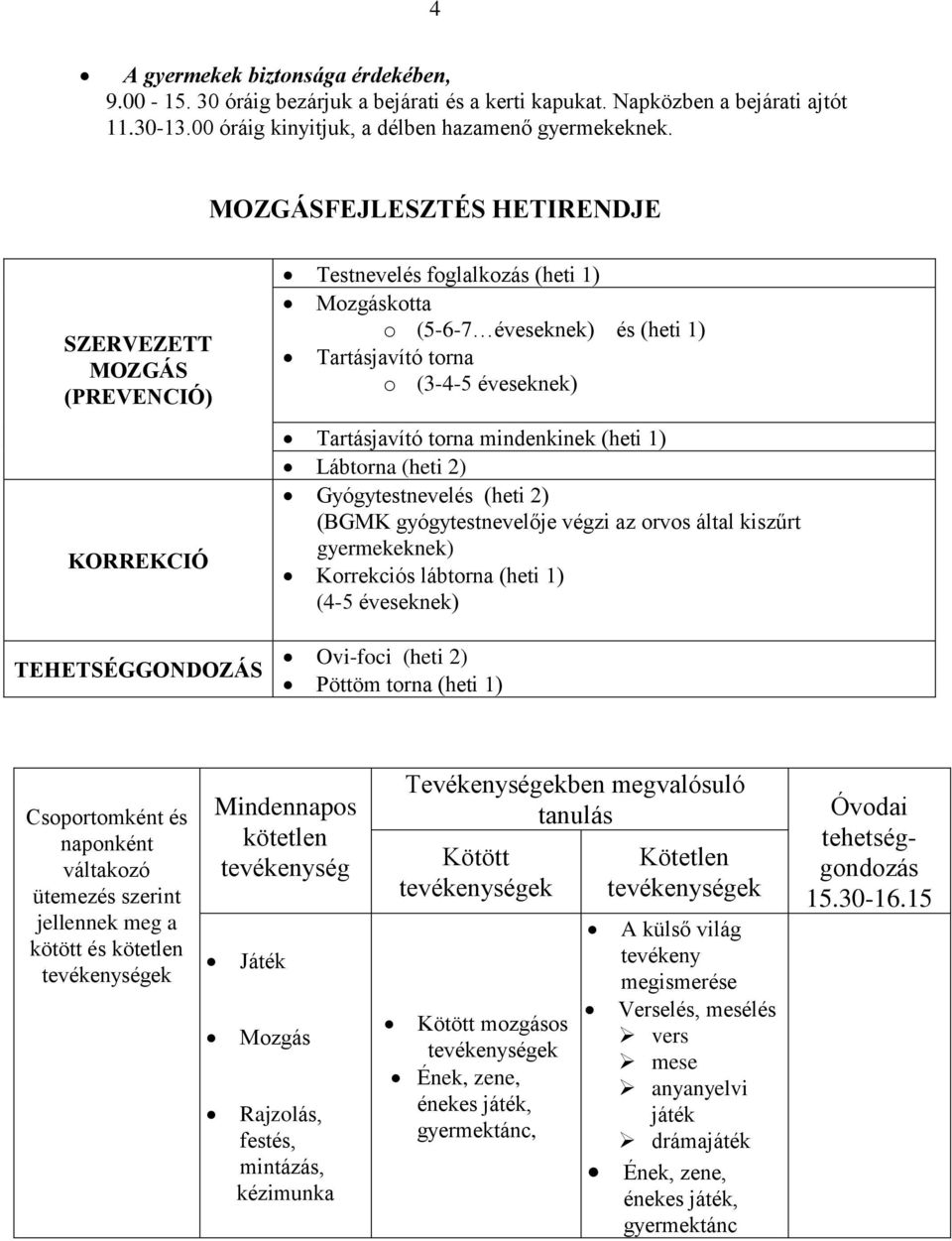 éveseknek) Tartásjavító torna mindenkinek (heti 1) Lábtorna (heti 2) Gyógytestnevelés (heti 2) (BGMK gyógytestnevelője végzi az orvos által kiszűrt gyermekeknek) Korrekciós lábtorna (heti 1) (4-5