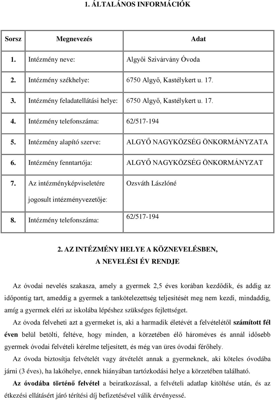 Intézmény fenntartója: ALGYŐ NAGYKÖZSÉG ÖNKORMÁNYZAT 7. Az intézményképviseletére Ozsváth Lászlóné jogosult intézményvezetője: 8. Intézmény telefonszáma: 62/517-194 2.