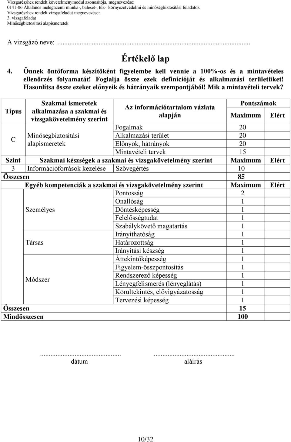 Típus C Szakmai ismeretek alkalmazása a szakmai és vizsgakövetelmény szerint Minőségbiztosítási alapismeretek Az információtartalom vázlata alapján Pontszámok Maximum Fogalmak 20 Alkalmazási terület