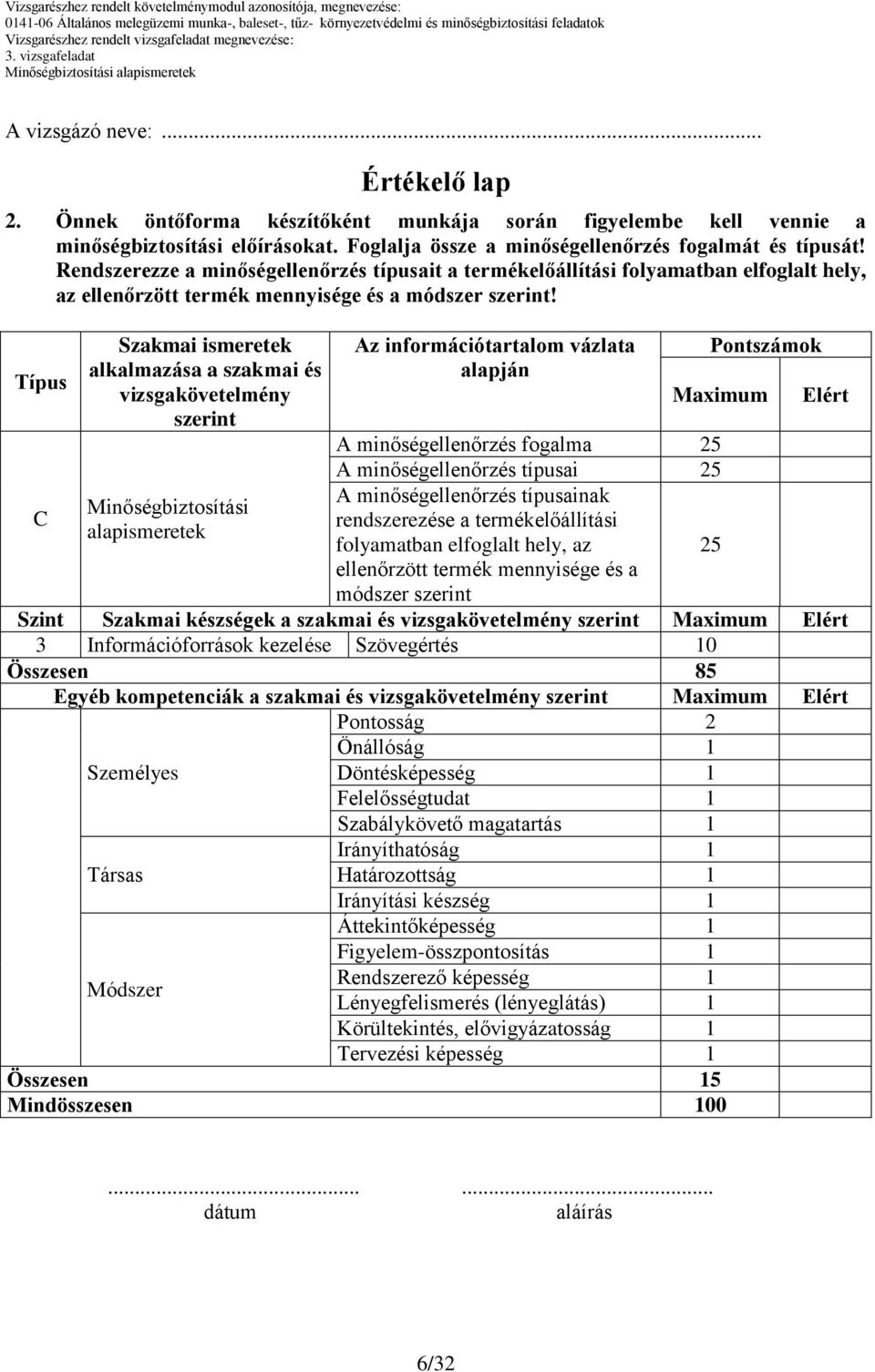 Típus C Szakmai ismeretek alkalmazása a szakmai és vizsgakövetelmény szerint Minőségbiztosítási alapismeretek Az információtartalom vázlata alapján Pontszámok Maximum A minőségellenőrzés fogalma 25 A