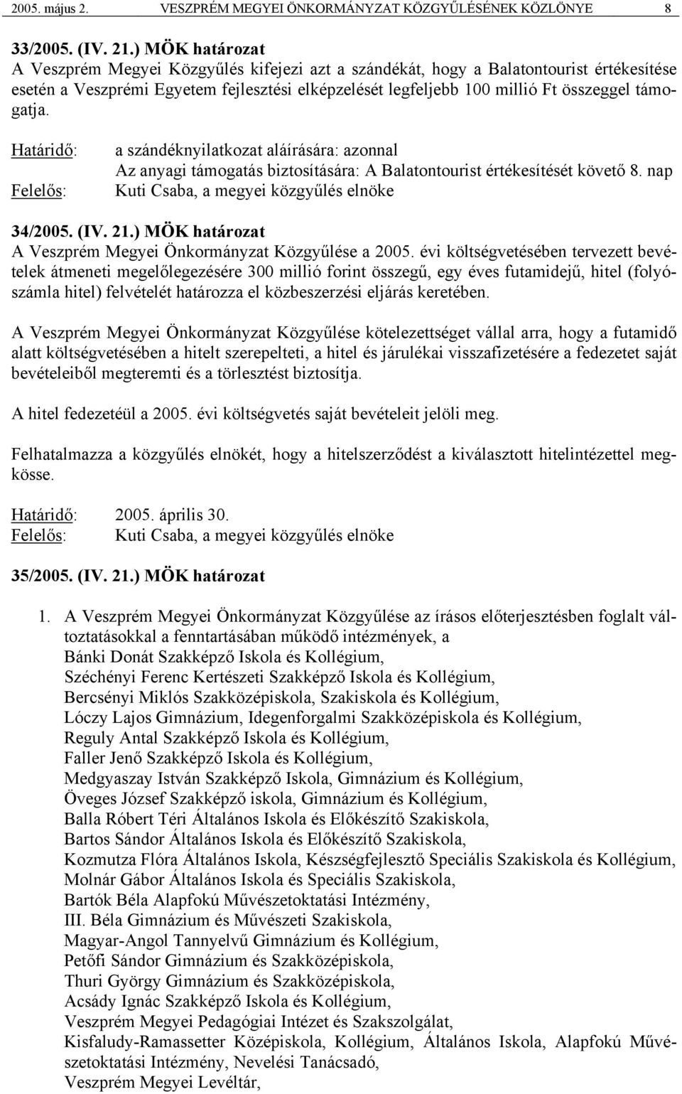 támogatja. a szándéknyilatkozat aláírására: azonnal Az anyagi támogatás biztosítására: A Balatontourist értékesítését követő 8. nap 34/2005. (IV. 21.