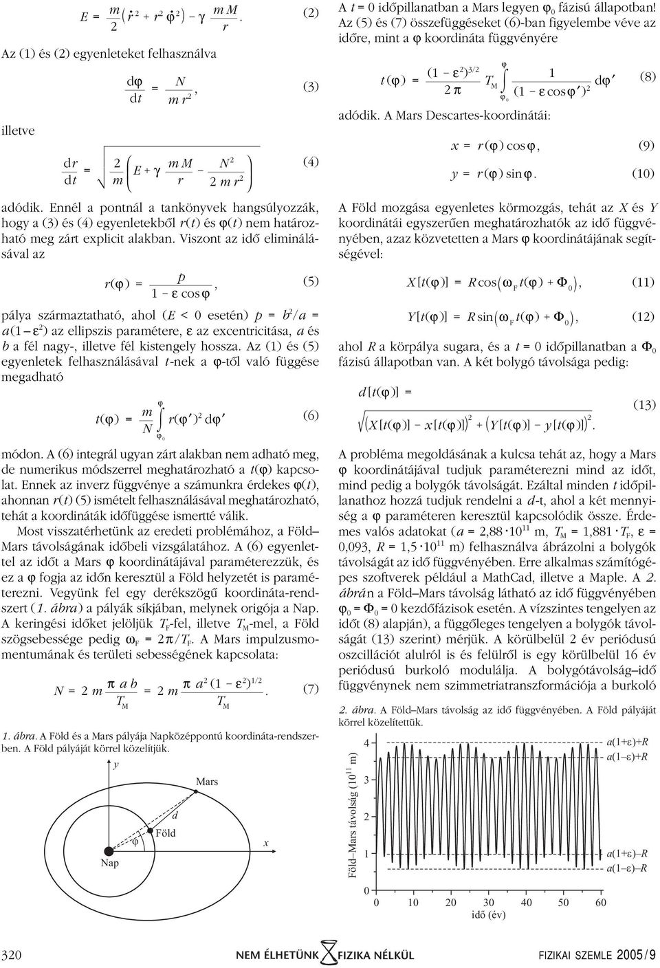 Viszont az idô eliminálásával az r(ϕ) = γ m r d Föld mr pálya származtatható, ahol (E < 0 esetén) p = b /a = a( ε ) az ellipszis paramétere, ε az excentricitása, a és b a fél nagy-, illetve fél