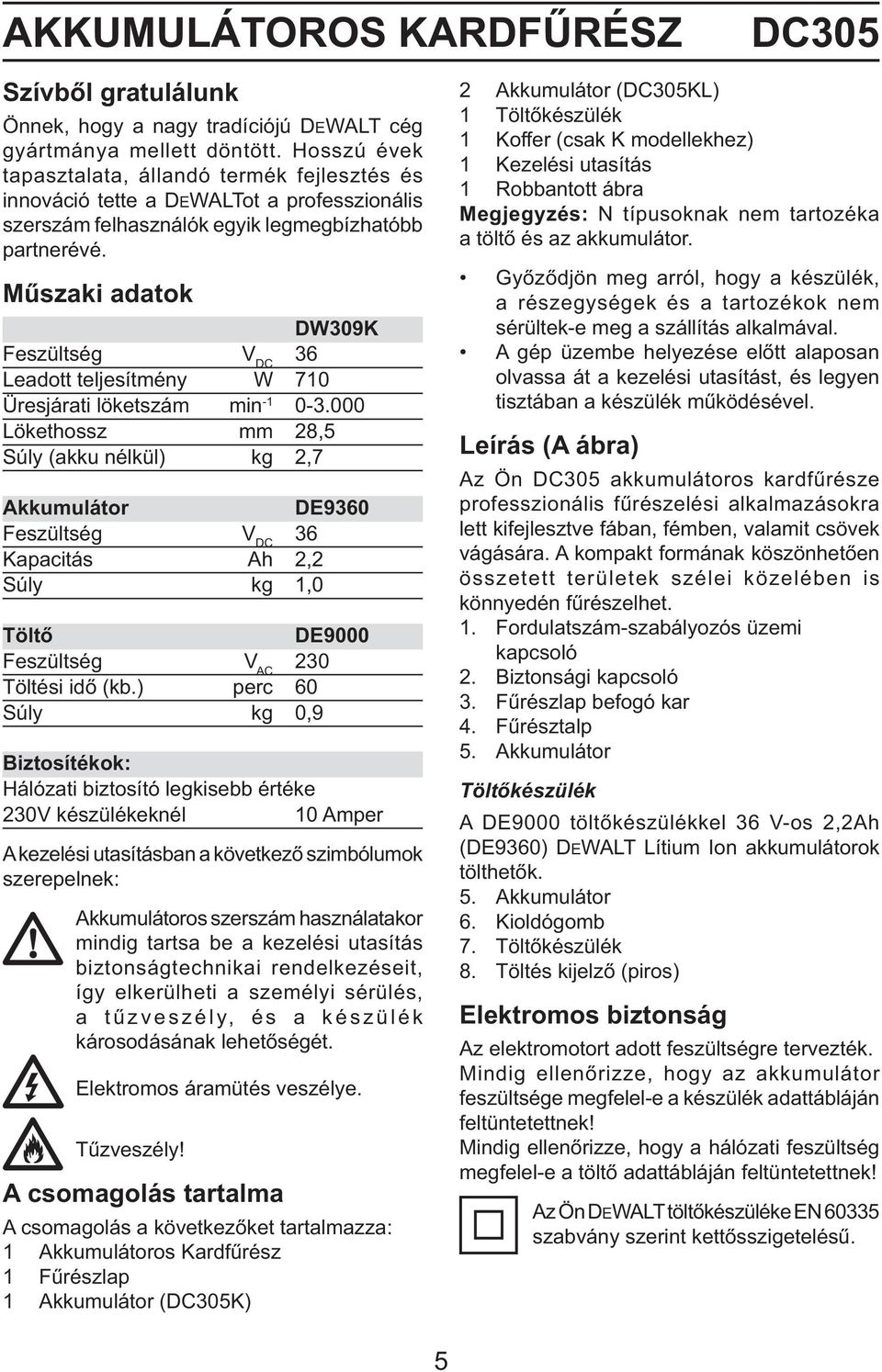 Műszaki adatok DW309K Feszültség V DC 36 Leadott teljesítmény W 710 Üresjárati löketszám min -1 0-3.